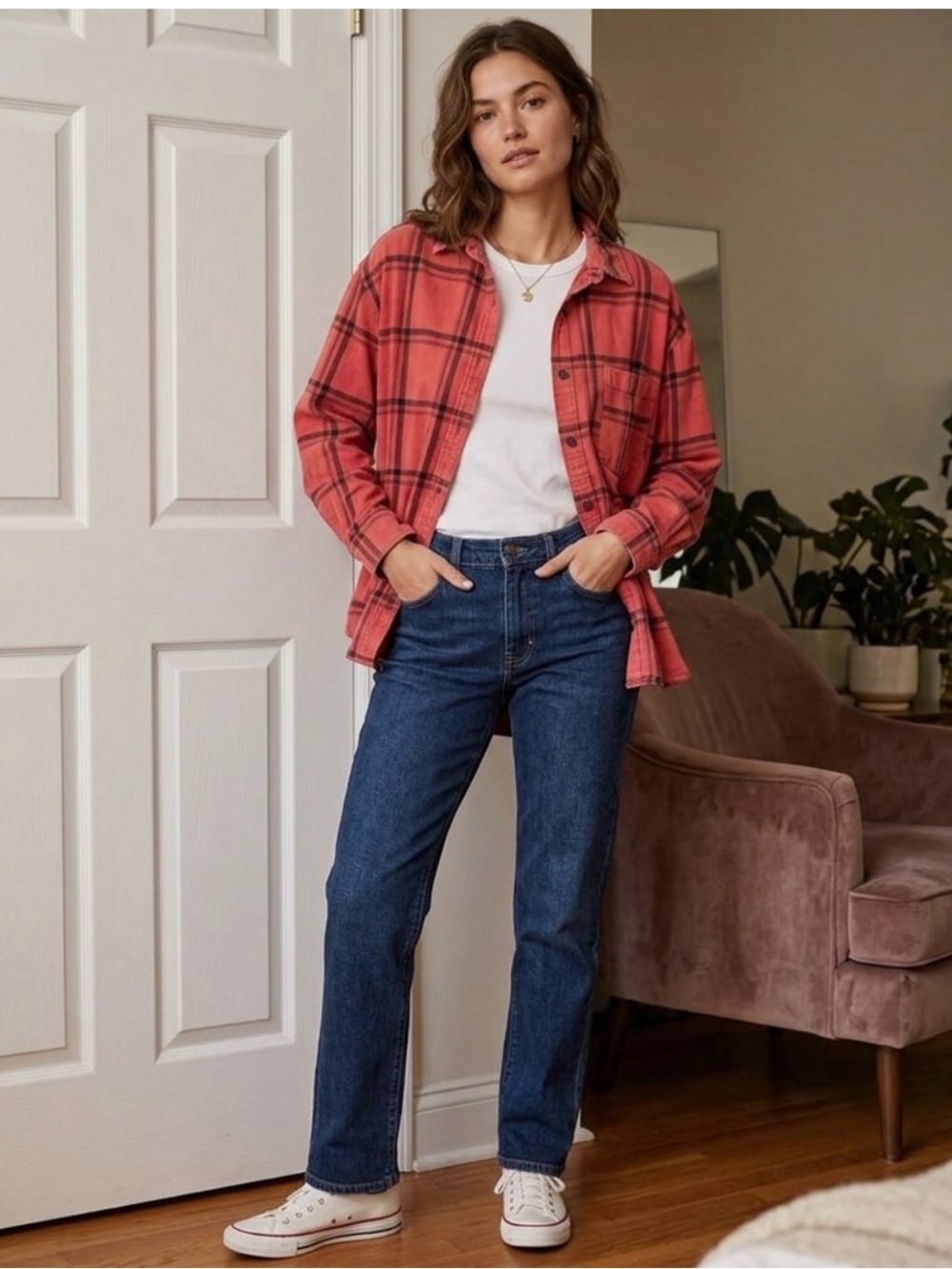 Womens Red Plaid Button-Up Shirt size XL